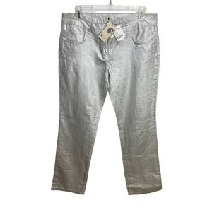 Y Trend Silver Metallic Pants Women's Size 40 Straight Leg Trousers New